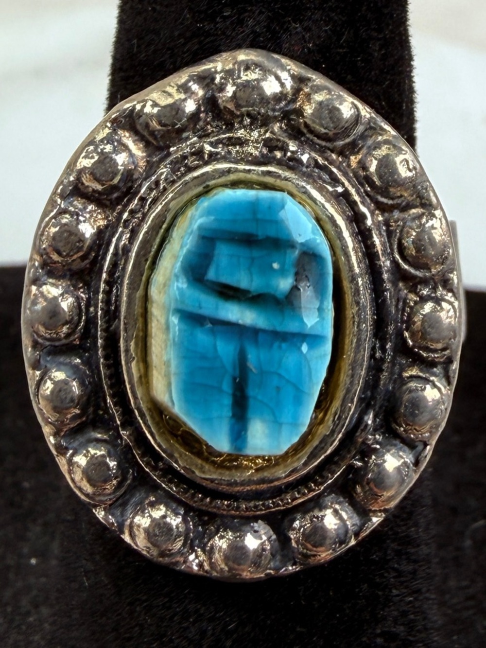 Vintage Aged Silvertone Egyptian Scarab Beetle Ring sz 5 3/4